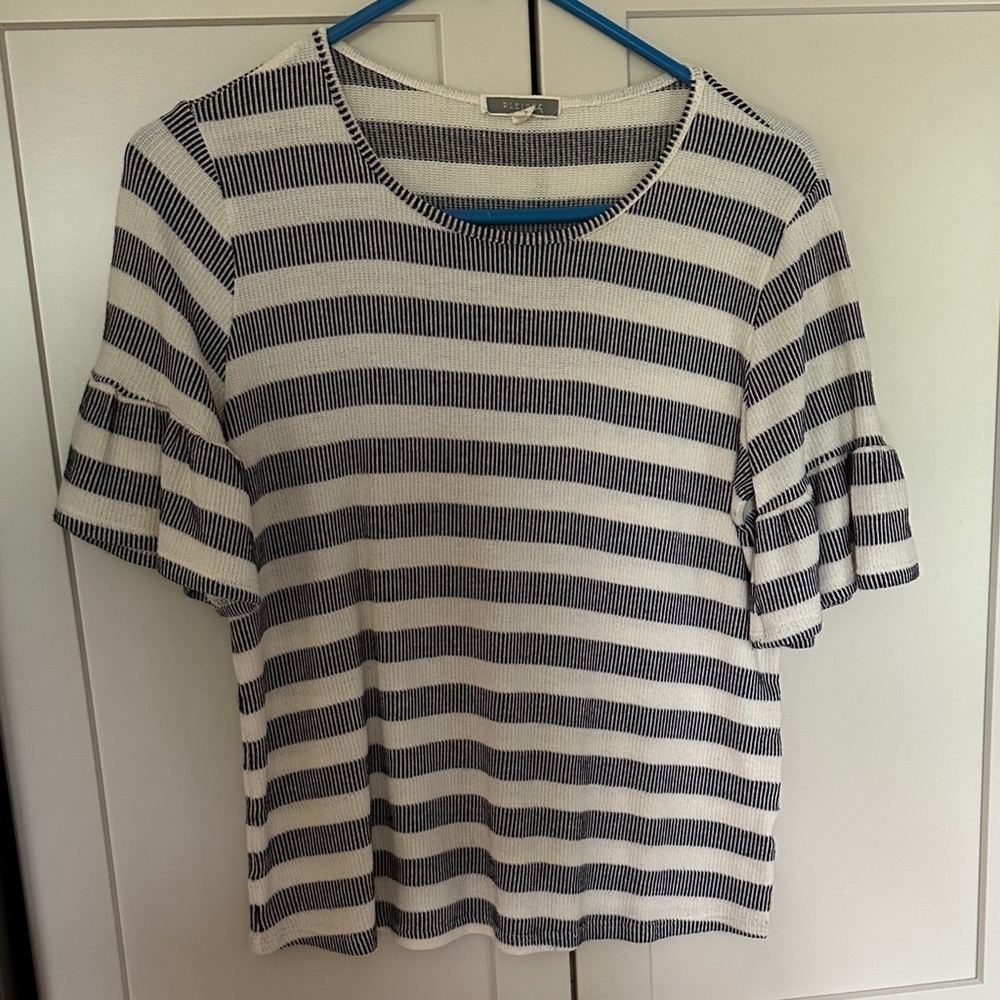 Pleione Navy and White Striped Ruffle-Sleeve Tee